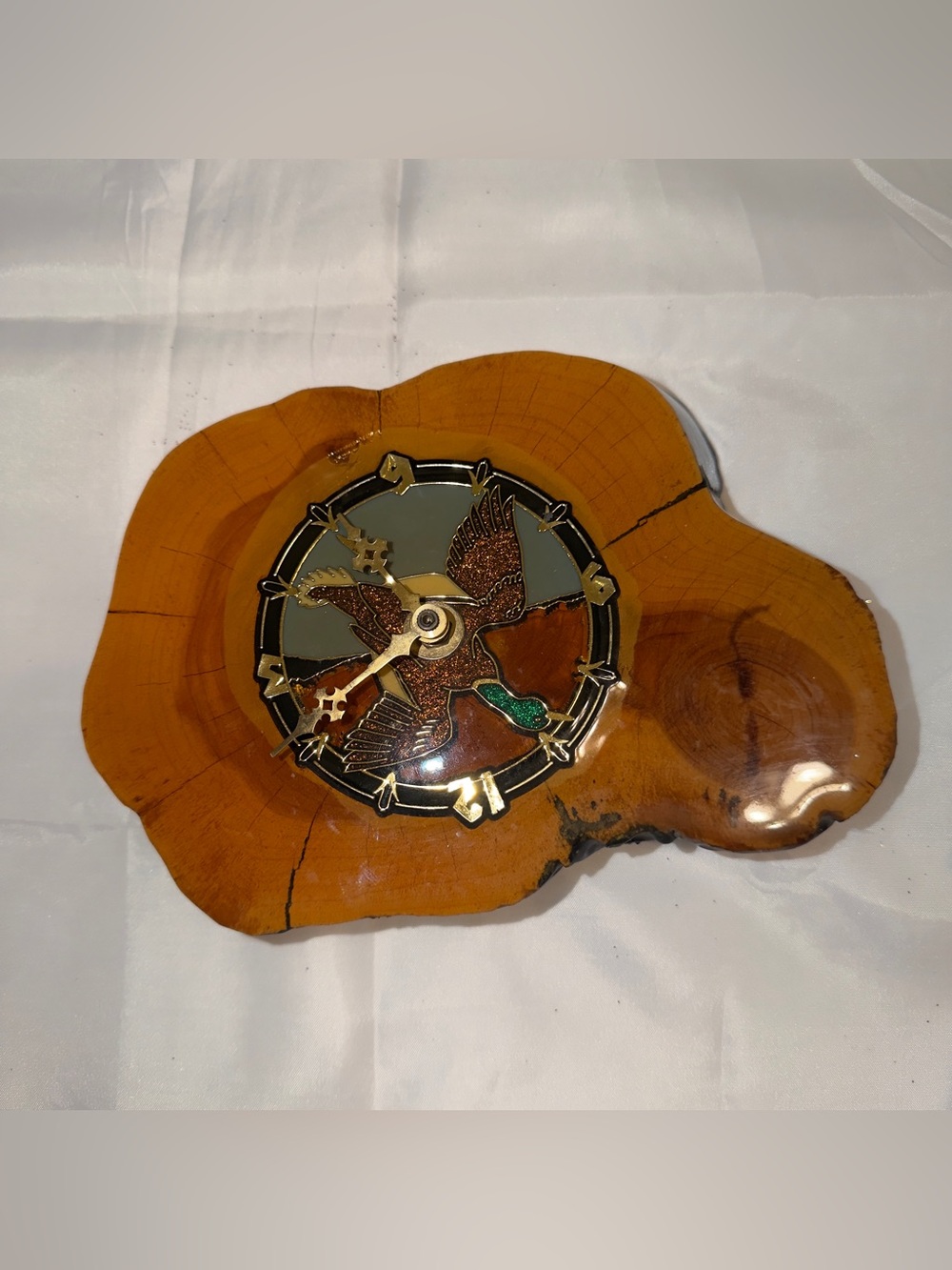 Handcrafted Duck Wall Clock on Natural Wood Plaque - Brown/Green